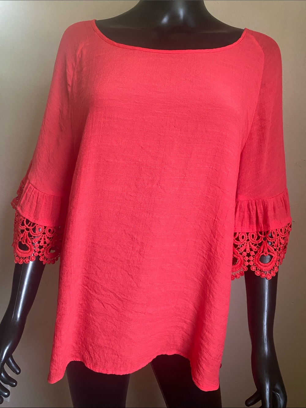 Cato Red Pink Crochet Bell-Sleeve Tunic Top